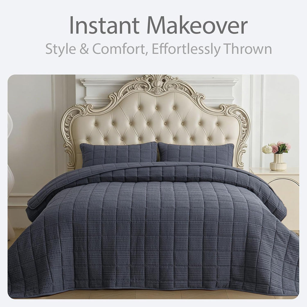 120x128 Cotton Quilt Bedding Set Oversized King Size Quilted Bedspread Sets with 2 Shams,3 Pieces Lightweight Soft Bedding Sets for All Season,Gray Blue