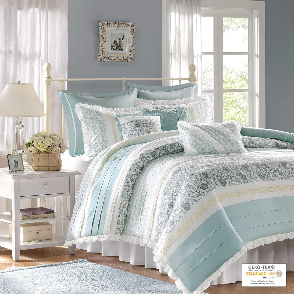 Madison Park Dawn 100% Cotton Duvet Set Floral Shabby Chic Design All Season Comforter Cover Bedding, Matching Shams, Percale Light Weight Bed Comforter Covers, Queen(90'x90'), Blue 9 Piece , Aqua