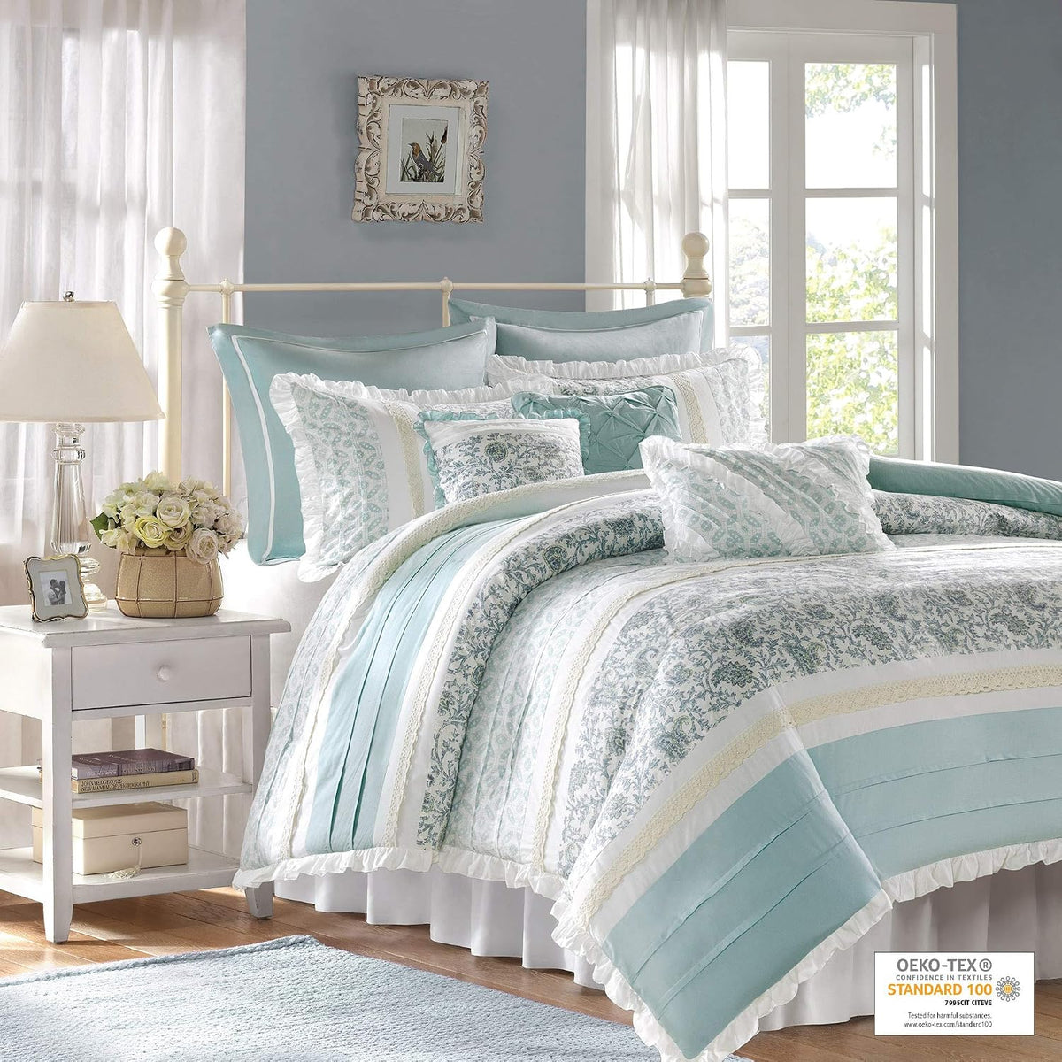 Madison Park Dawn 100% Cotton Duvet Set Floral Shabby Chic Design All Season Comforter Cover Bedding, Matching Shams, Percale Light Weight Bed Comforter Covers, Queen(90'x90'), Blue 9 Piece , Aqua