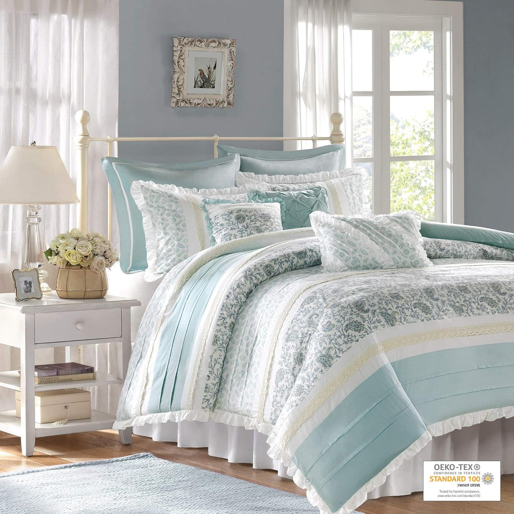 Madison Park Dawn 100% Cotton Duvet Set Floral Shabby Chic Design All Season Bedding, Matching Shams, Percale Light Weight Bed Comforter Covers, Cal King(104'x92'), Blue 9 Piece,Aqua