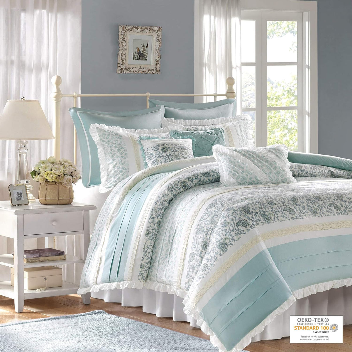 Madison Park Dawn 100% Cotton Duvet Set Floral Shabby Chic Design All Season Bedding, Matching Shams, Percale Light Weight Bed Comforter Covers, Cal King(104'x92'), Blue 9 Piece,Aqua