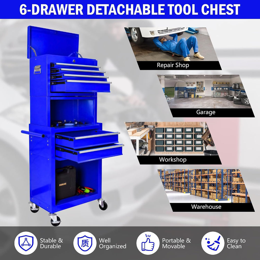 6-Drawer Tool Chest, 3-in-1 Rolling Tool Box with Detachable Top Toolbox & Key Lock,Tool Cabinet with Protective Liner & Universal Lockable Wheels,Metal Storage Cart for Garage,Workshop (Blue)