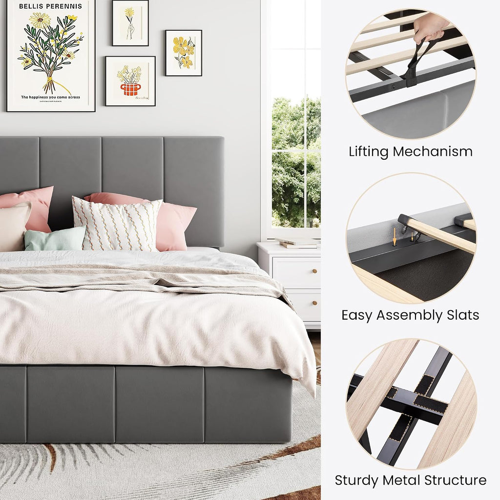 SHA CERLIN King Size Lift Up Storage Bed Frame, Adjustable Headboard, Hydraulic Support, Velvet Upholstered, Easy Installation, No Box Spring Needed, Gray