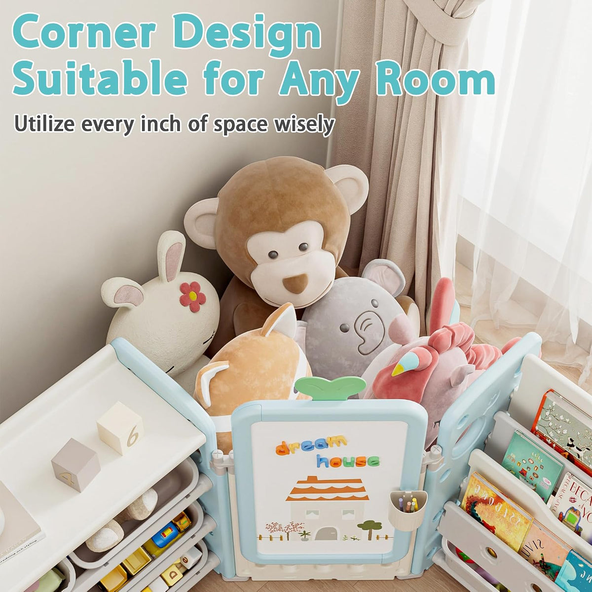 Kids Toy Storage Organizer with 10 Removable Bins, Foldable Toy Organizers and Storage with 3-Tier Bookshelf for Kids Toy Storage Organizer with Drawing Board, Extra 3 Brushes (4 In 1 Light Blue)