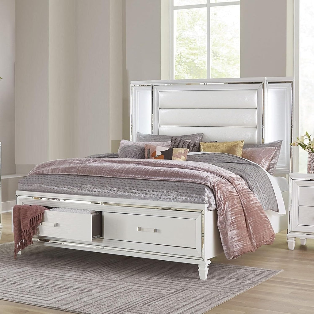 Glam Luxury White Finish 3-Piece Bedroom Set King Size Platform Stoarge Bed and Two Nightstands Tufted LED Headboard Wooden Furniture