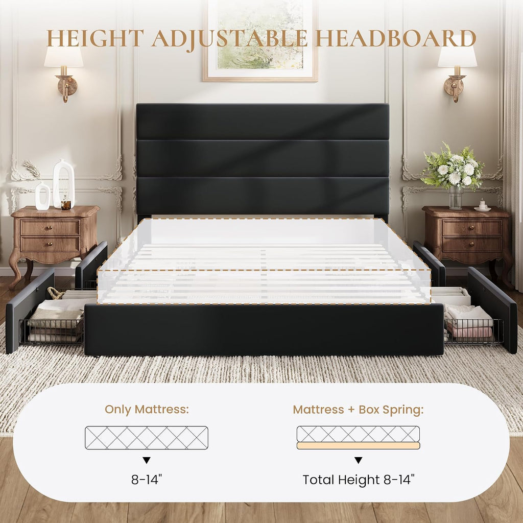 SHA CERLIN Full Size Platform Bed Frame with 4 Storage Drawers, Velvet Upholstered Headboard, Mattress Foundation with Wooden Slats Support, No Box Spring Needed, Easy Assembly, Black