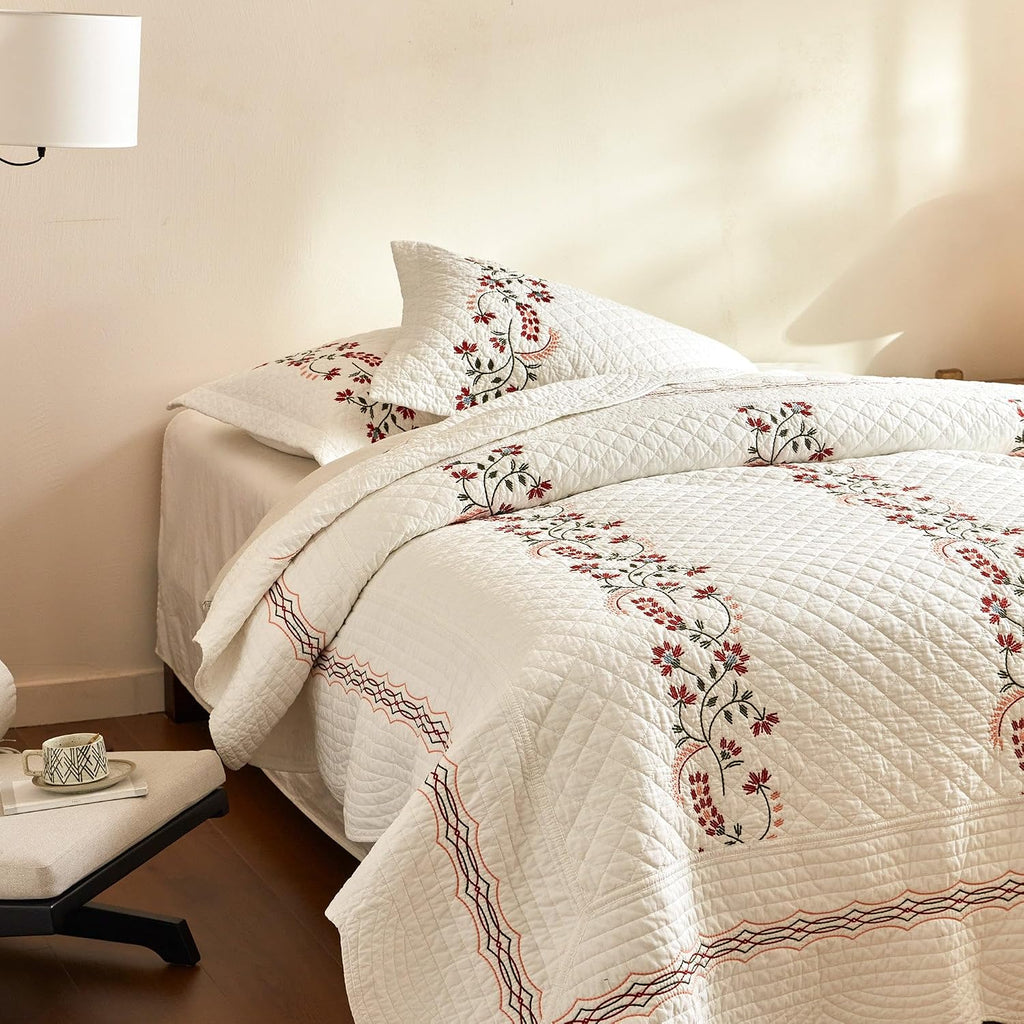 MarCielo 3Pcs Cotton European Folk Embroidered Quilt Bedspread Set Modern Farmhouse Style TC155