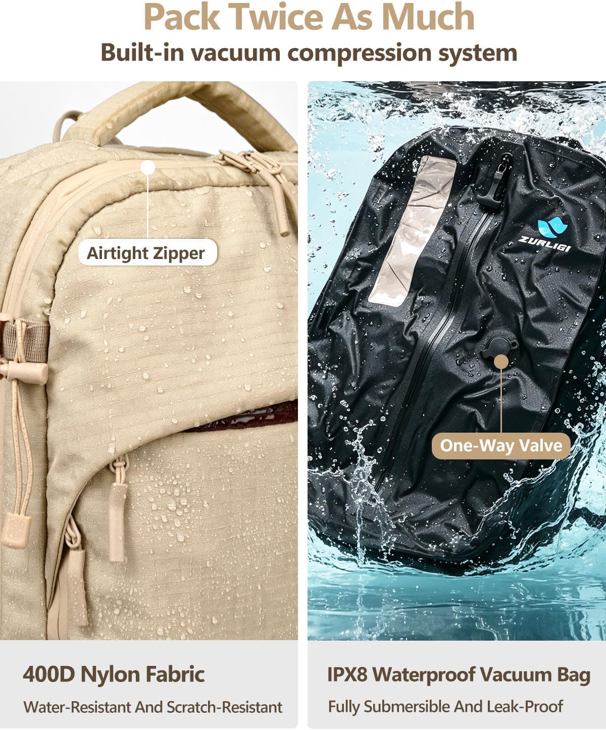 Zurligi Vacuum Seal Travel Backpack with Removable Hip Belt & Vacuum Bag with Pump, Compression Travel Backpack with Vacuum System Expandable 40-60L Carry-On Backpack for Travel Business