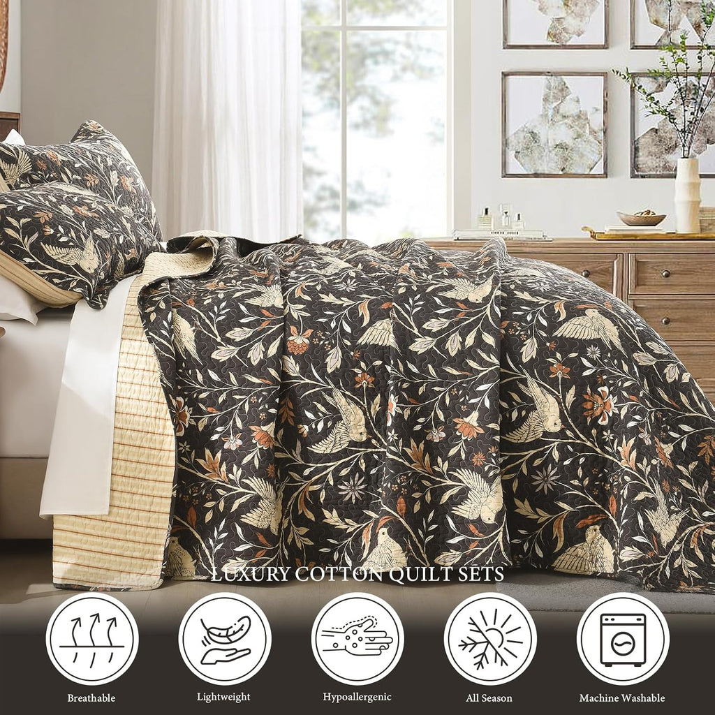 Uniclinens Botanical King Quilt Set, 100% Cotton Quilt Bedding Set Vintage Bird Pattern Bedspreads King Size, Chic Lightweight Quilted Comforter Coverlets, All Season, 3pcs, Dark Chocolate Brown/Beige