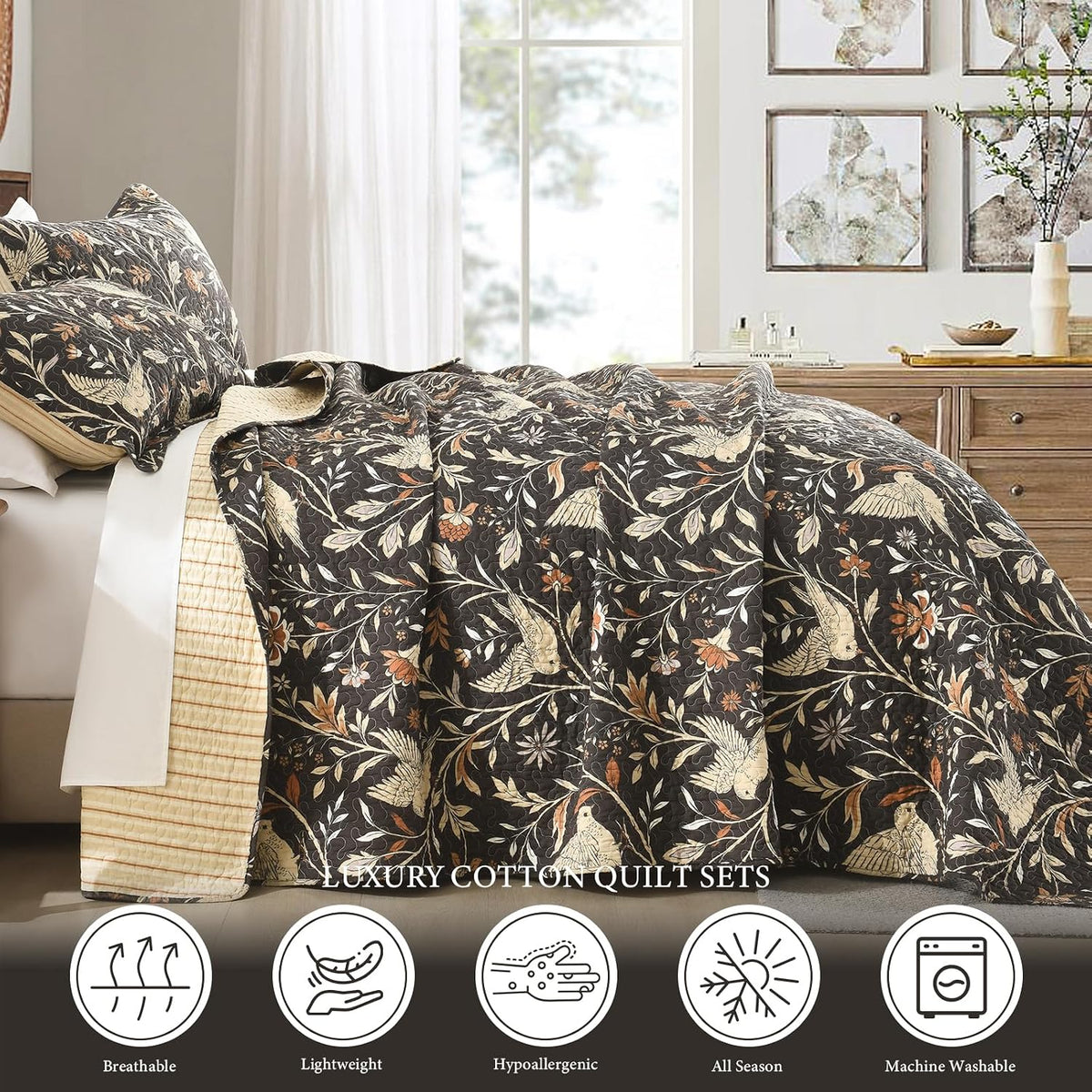 Uniclinens Botanical King Quilt Set, 100% Cotton Quilt Bedding Set Vintage Bird Pattern Bedspreads King Size, Chic Lightweight Quilted Comforter Coverlets, All Season, 3pcs, Dark Chocolate Brown/Beige
