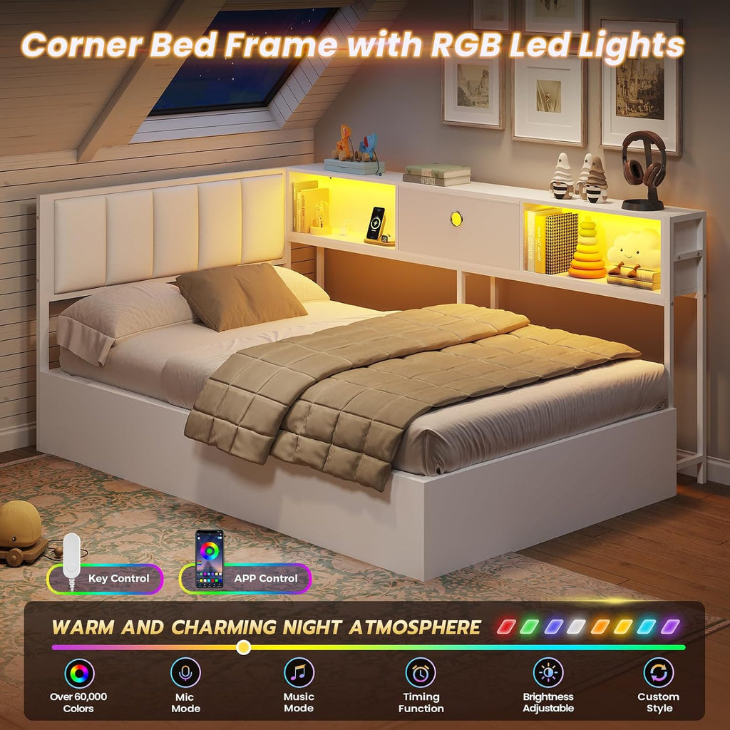 DICTAC Twin Corner Lift up Storage Bed with Led Lights and Charging Station Twin Size Daybed for Kids/Teen with Bookcase and Hydraulic Storage,Platform Corner Beds with Upholstered Headboard,White
