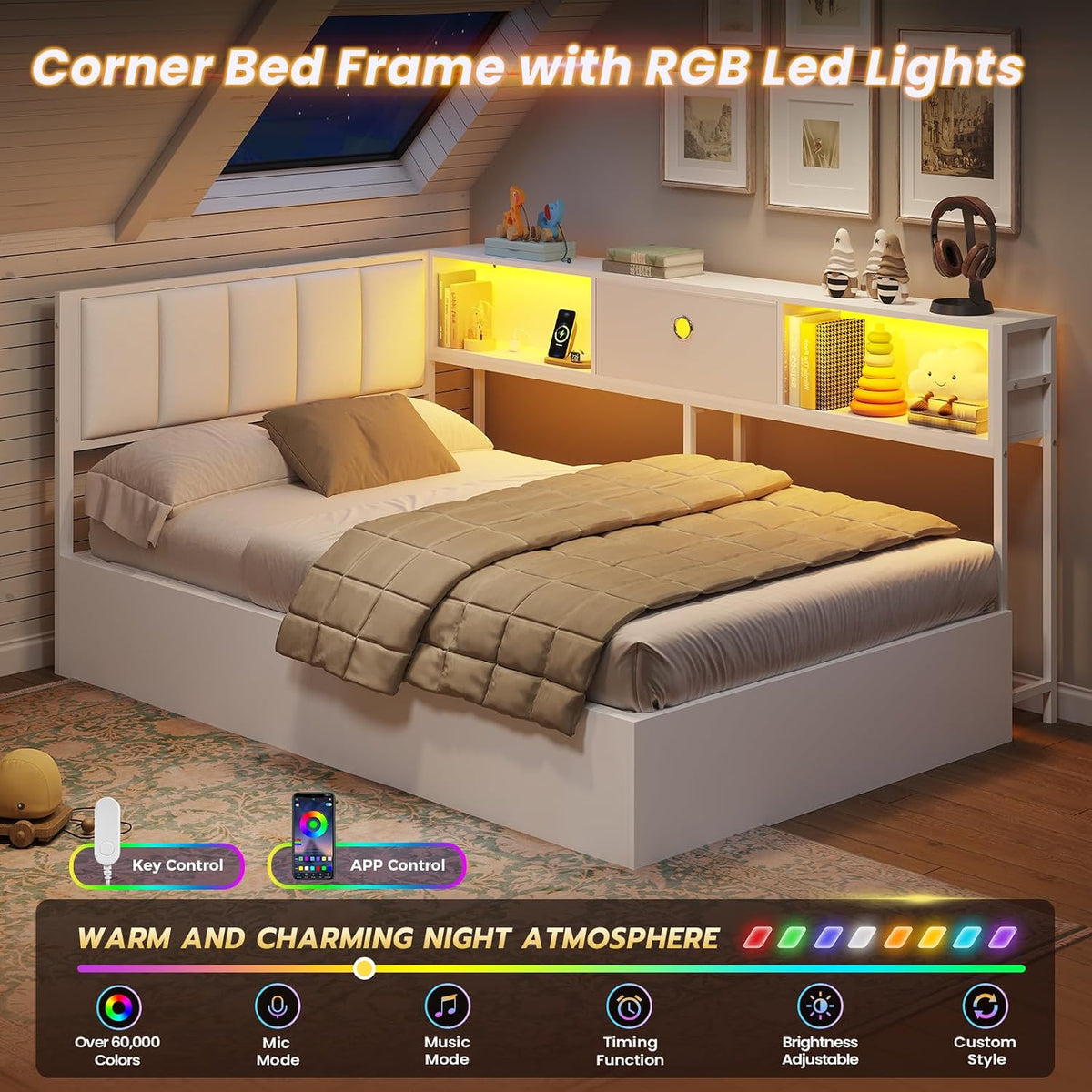 DICTAC Twin Corner Lift up Storage Bed with Led Lights and Charging Station Twin Size Daybed for Kids/Teen with Bookcase and Hydraulic Storage,Platform Corner Beds with Upholstered Headboard,White