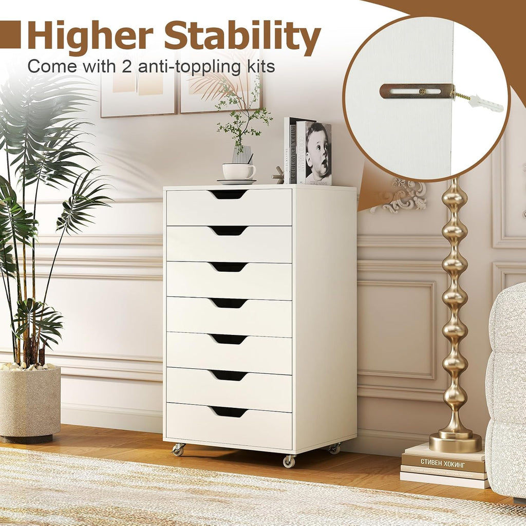 Giantex Drawers Cabinet Mobile Lateral Filing Organizer with 7 Drawers and Wheels Mobile Side Cabinet Chest for Home Office Storage Use 7-Drawer Dresser (19' x 16' x 34.5', White)
