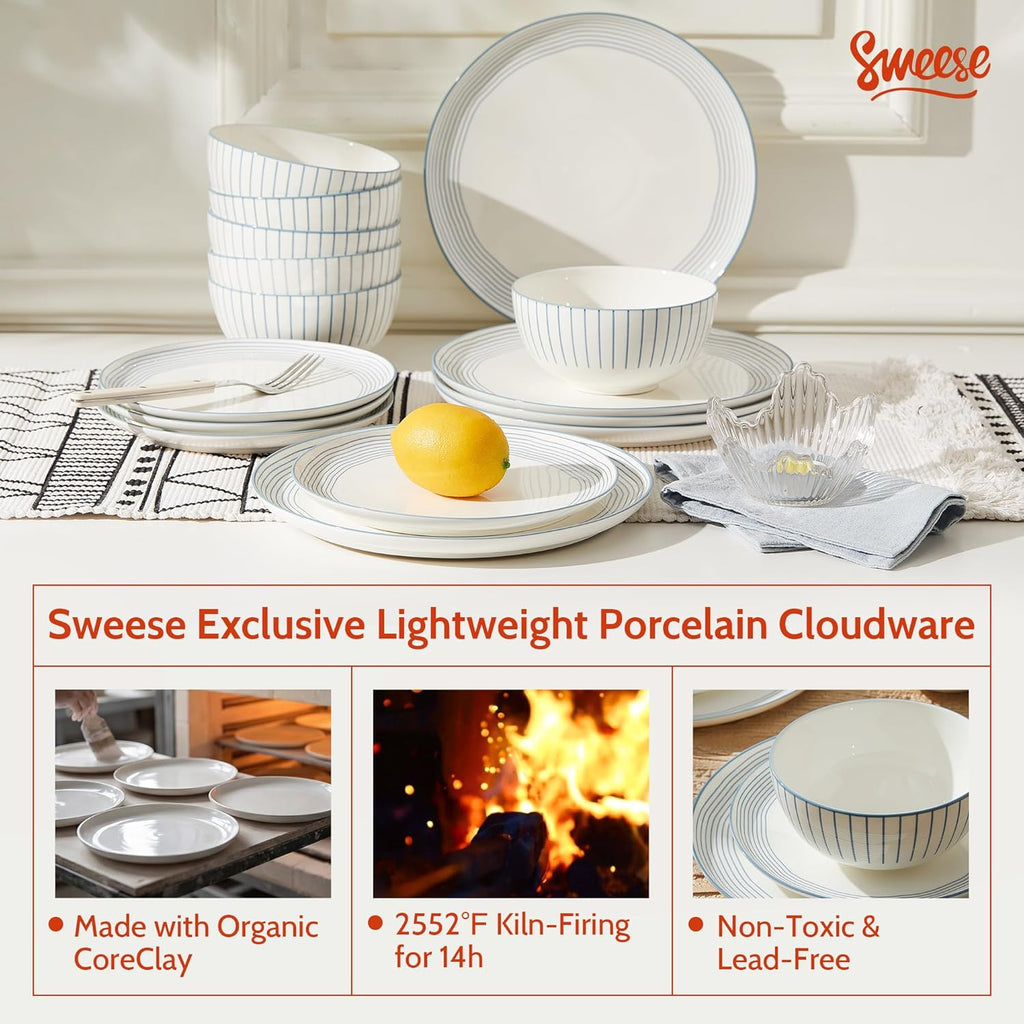 Sweese Lightweight Dinnerware Sets, Plates and Bowls Set for 6, 18 Pieces Stripe Dishes - Chip and Scratch Resistant, Microwave and Dishwasher Safe Porcelain Dinner Sets, Blue