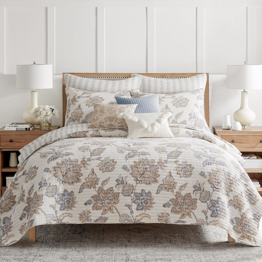 Levtex Home - Selesta Blue Quilt Set - King Quilt and Two King Shams - Floral - Blue Taupe Grey - Quilt (106x92in.) and Shams (20x36in.) - Reversible - Cotton