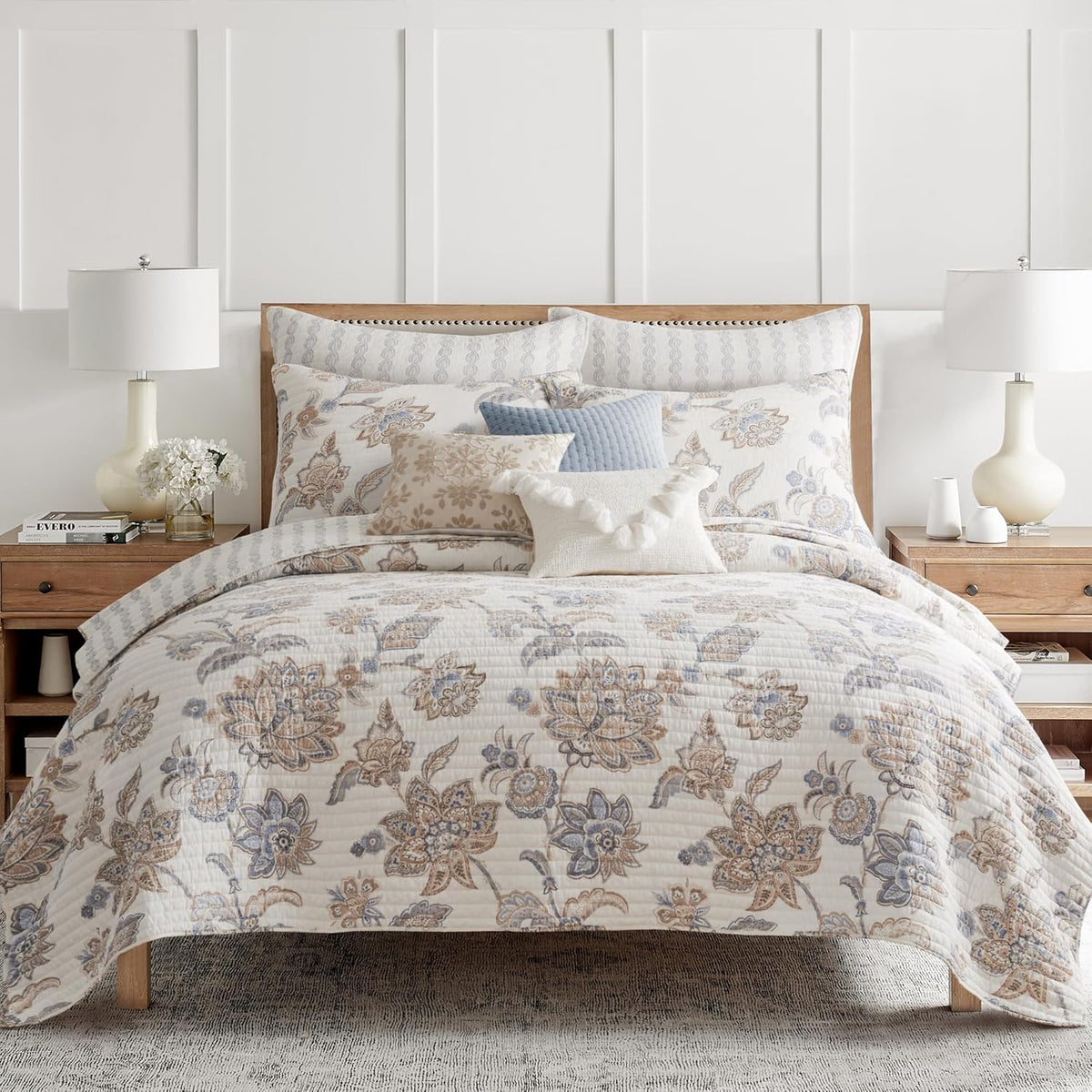 Levtex Home - Selesta Blue Quilt Set - King Quilt and Two King Shams - Floral - Blue Taupe Grey - Quilt (106x92in.) and Shams (20x36in.) - Reversible - Cotton