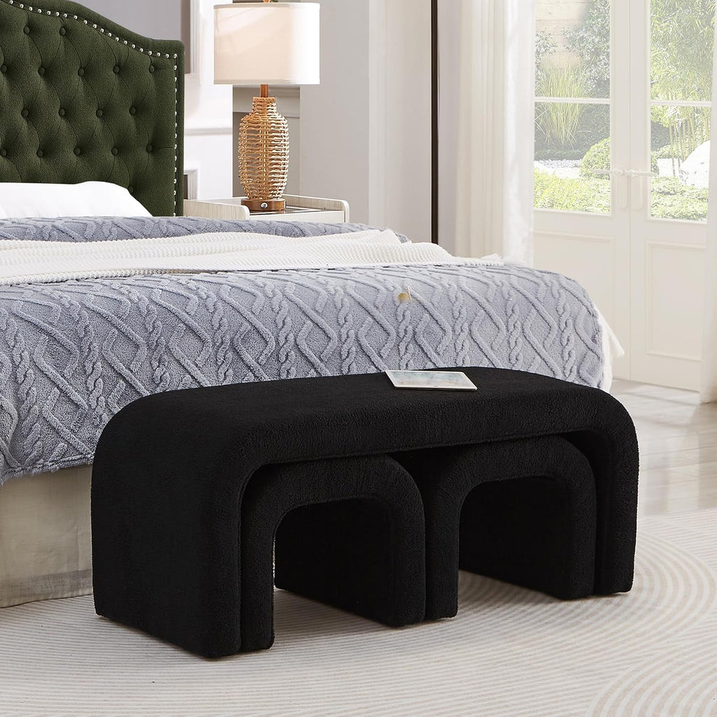 3-Piece Nesting Ottoman Bench Set - Black 44+16.5 Inch, Teddy Fabric, Modern Arched Design, Comfy Footrest/Seating for Bedroom, Living Room, Entry