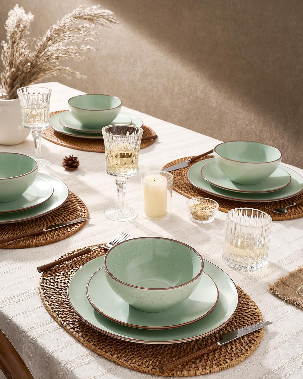 Famiware Venus Plates and Bowls Sets, 18 Pieces Stoneware Speckled Dishes Dinnerware Set for 6, Light Green - Microwave & Dishwasher Safe, Modern Minimalist, for Everyday Meals & Formal Dining
