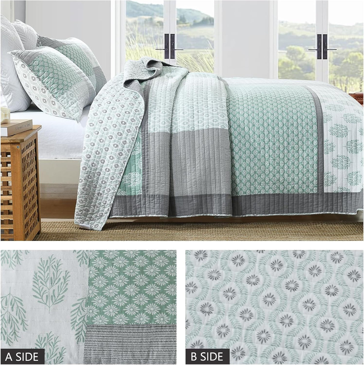 Finlonte Quilts Queen Size, 100% Cotton Queen Comforter Set, Green Grey Farmhouse Quilted Bedspread, Patchwork Lightweight Reversible Quilt Bedding Set for Queen Bed, 3-Pieces