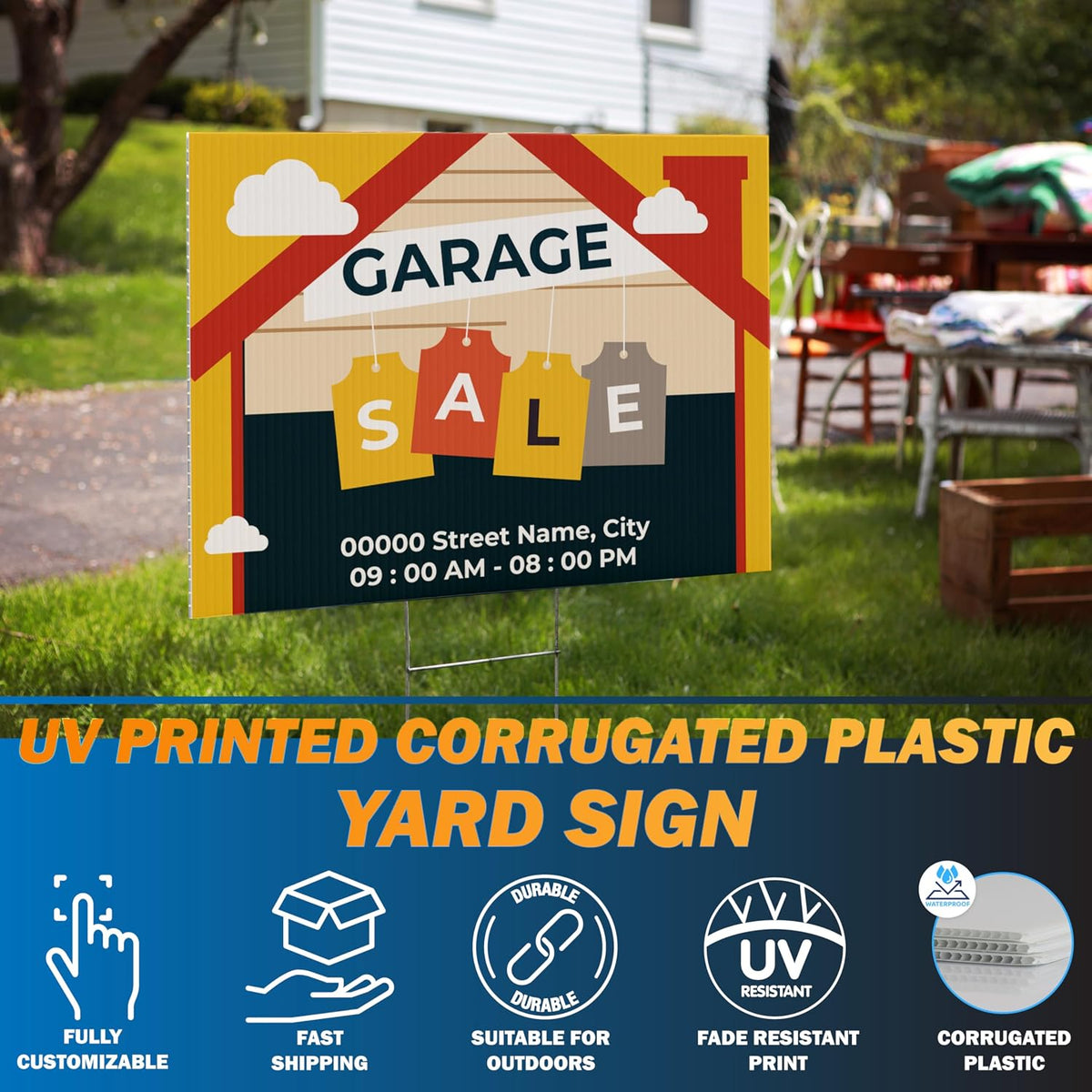 Pack of 50, Custom Yard Sign - Upload Your Design, 3 Sizes, 35 Backgrounds, 20 Fonts - Double Side Option - 4mm Coroplast, DIY Yard Sign with H Stake - Real Estate Signage