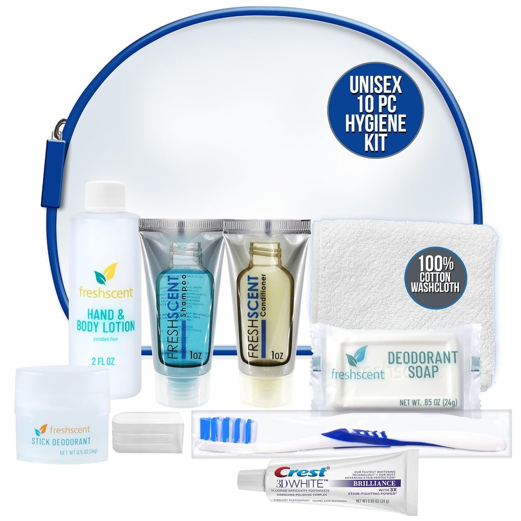 Convenience Kits International Unisex 10 Piece Hygiene Travel Kit with Shampoo, Conditioner, Lotion, Soap, Deodorant, Crest Toothpaste, Toothbrush, Cotton Washcloth (64 Kits)