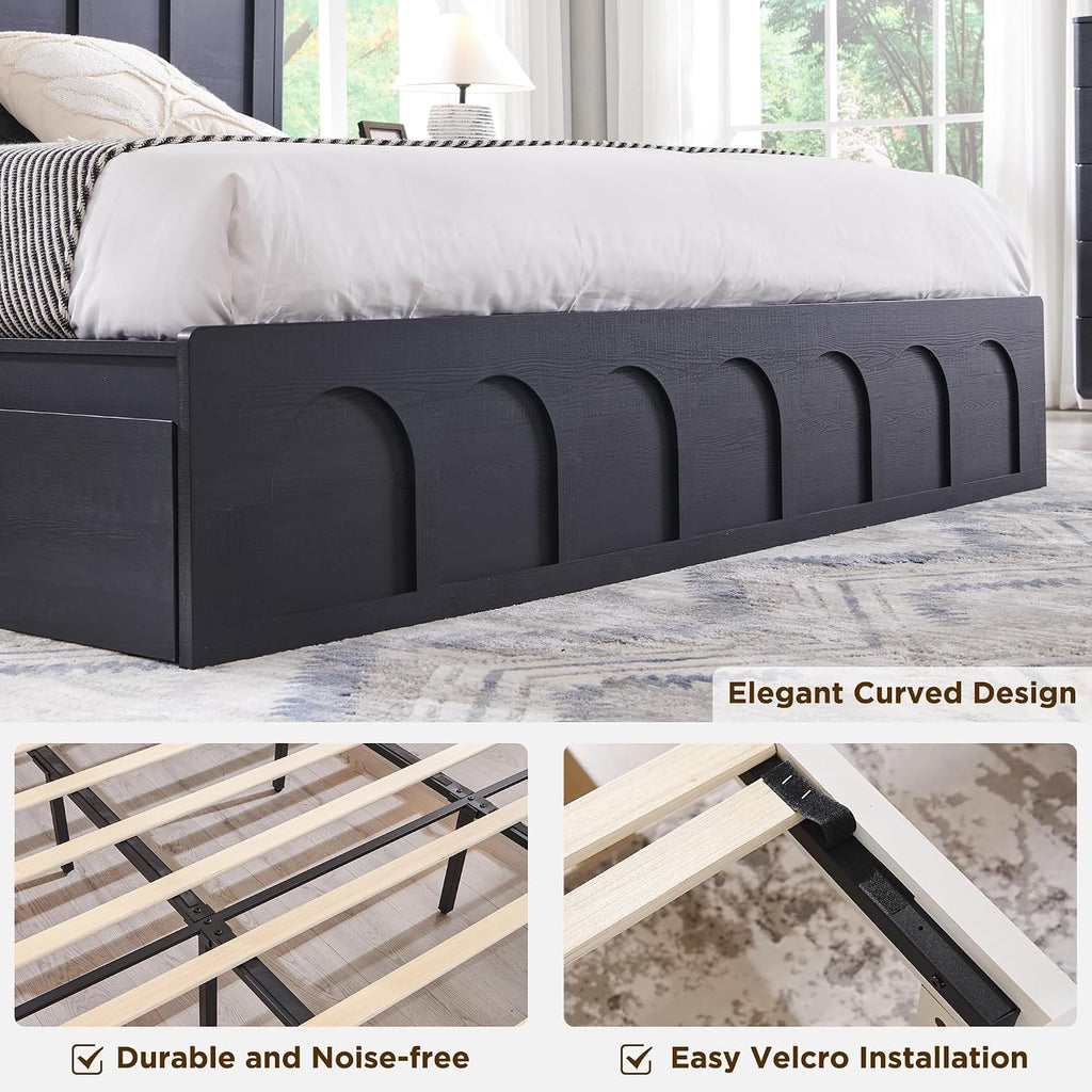 ACCOHOHO Modern King Size Bed Frame with 4 Drawers, 51' Tall Arched Recessed Headboard, Solid Wood Slats Support, Noise Free, No Box Spring Needed, Wood Platform, （Black）