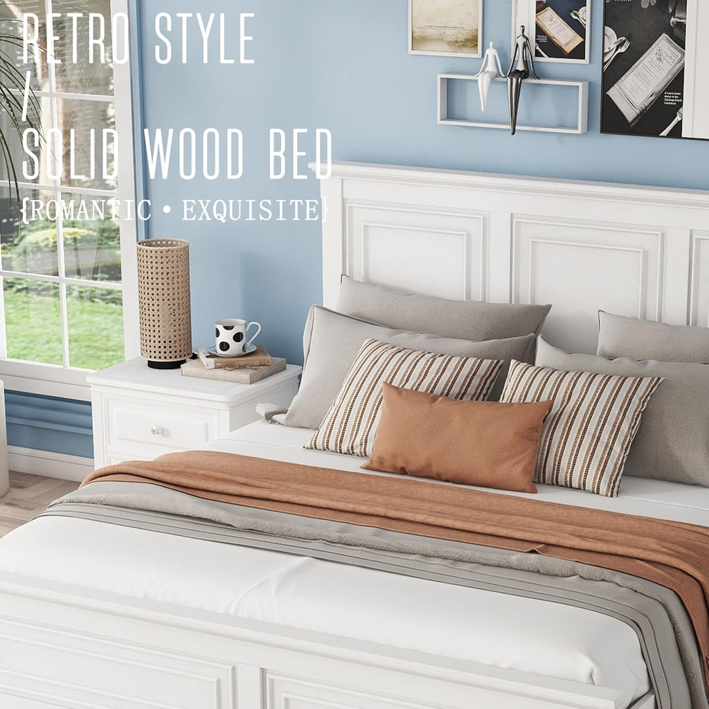 King Size Solid Wood Platform Bed Frame,Wood Bed with USB Charging Station, Solid Wood Leg/No Box Spring Needed/Noise Free/White
