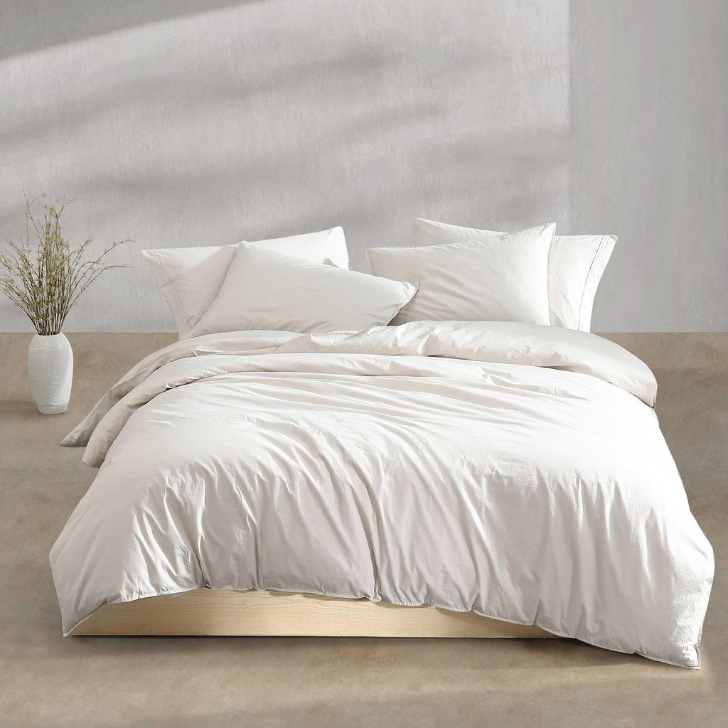 Calvin Klein - Queen Comforter Set, Modern Cotton Washed Percale Bedding with Matching Shams, Oeko-Tex Certified (Washed Percale Light Beige, Queen)