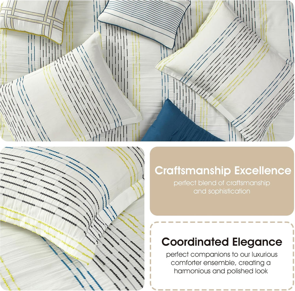 Stratford Park White Blue Comforter Set King Size, 7 Piece Geometric Jacquard Bedding Set, Matching Bedskirt, Pillows & Shams, Curtains