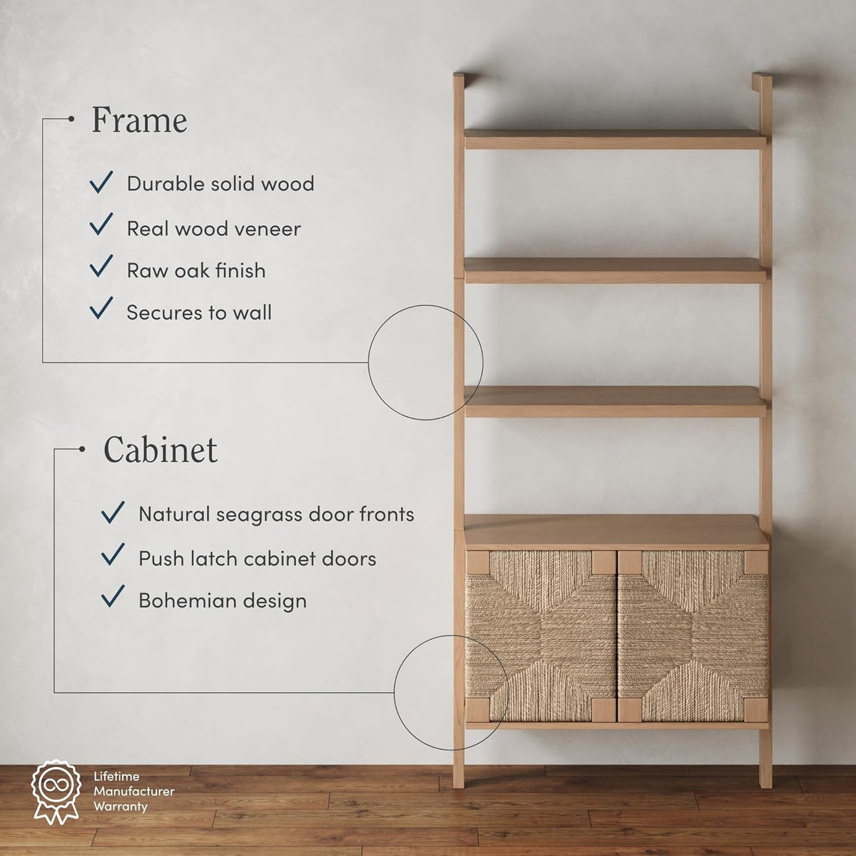 Nathan James Beacon 3-Shelf Bookcase with Seagrass Cabinet, Solid Wood Bookshelf with Storage with Solid Wood Frame, Seagrass/Raw Oak Set of 3