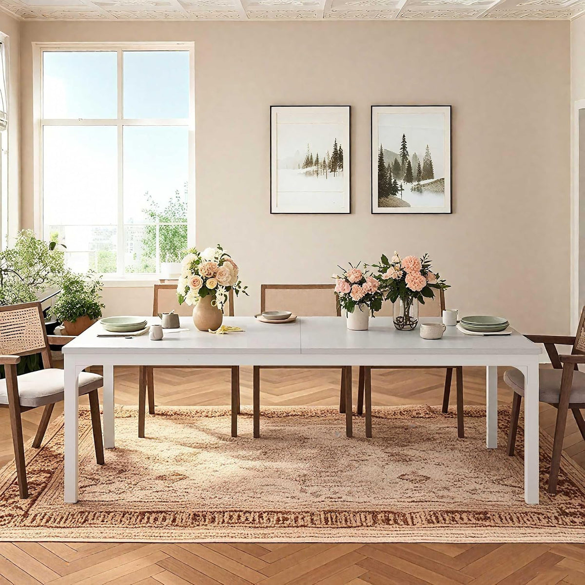 Large Dining Table, 78.7 x 27.6 Inches, Seats 6-8, Rustic Wood Top with Black Metal Frame (White)