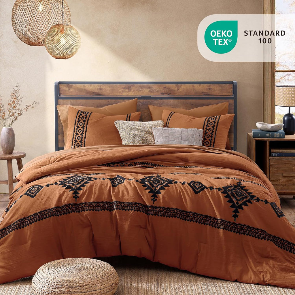 MaiRêve Embroidery Oversized King Size Comforter Set Burnt Orange, Boho Farmhouse Western Bedding Set 7 Pieces, All Season Bed in A Bag Comforter Set with Sheets, Pillowcases & Shams
