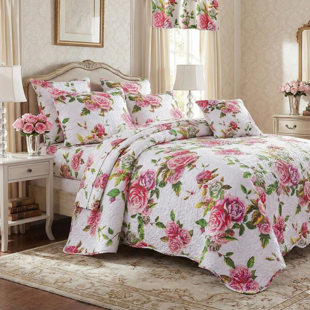 DaDalogy Bedding 10-Pieces Floral Bed in a Bag Set - Romantic Roses Lovely Blooming Pink Bedspread Fitted & Flat Sheets Set w/Throw Euro Sham Pillow Covers & Window Curtain Valance - Twin Size