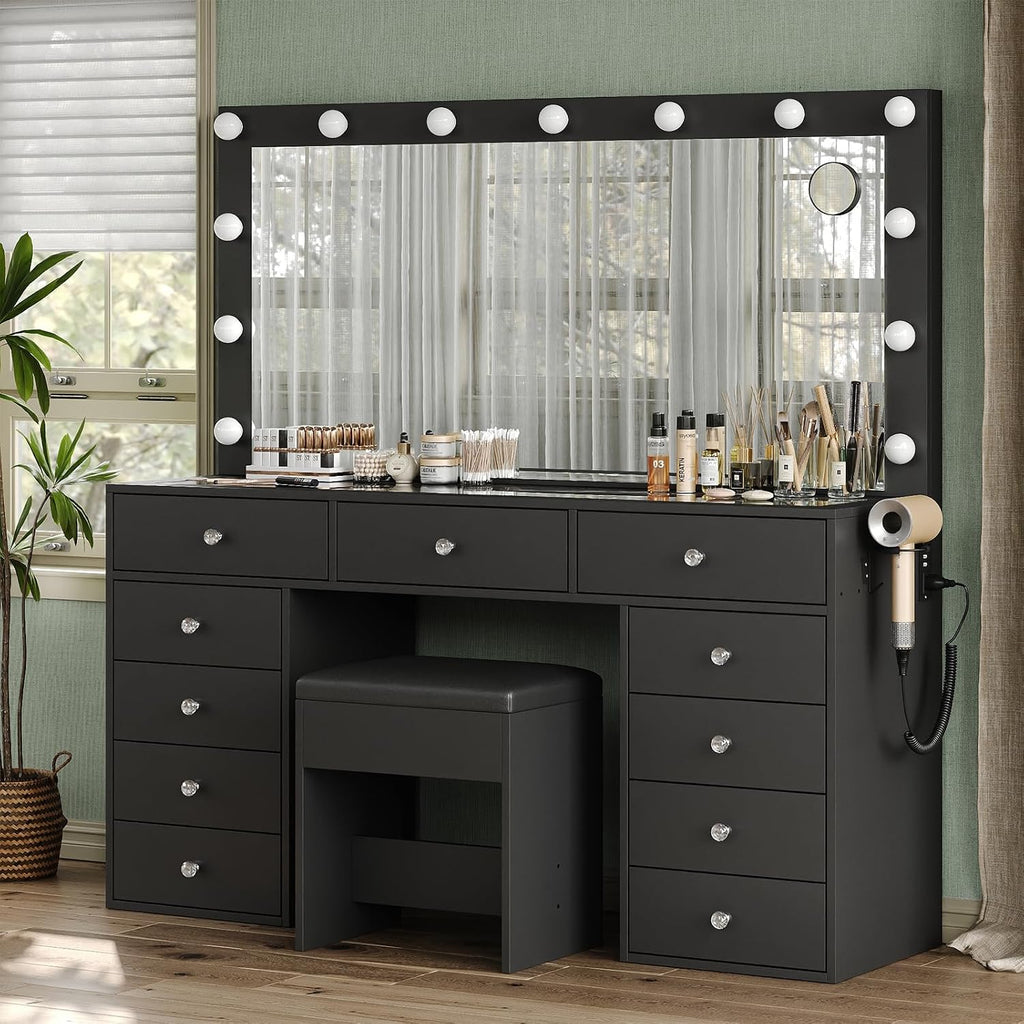 Yanosaku 11 Drawers Makeup Vanity with Charging Station, Vanity Desk with 13 LED Bulbs and HD Mirror, 3 Color Brightness Adjustable, Glass Top Vanity Set for Bedroom, Black
