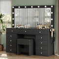 Yanosaku 11 Drawers Makeup Vanity with Charging Station, Vanity Desk with 13 LED Bulbs and HD Mirror, 3 Color Brightness Adjustable, Glass Top Vanity Set for Bedroom, Black
