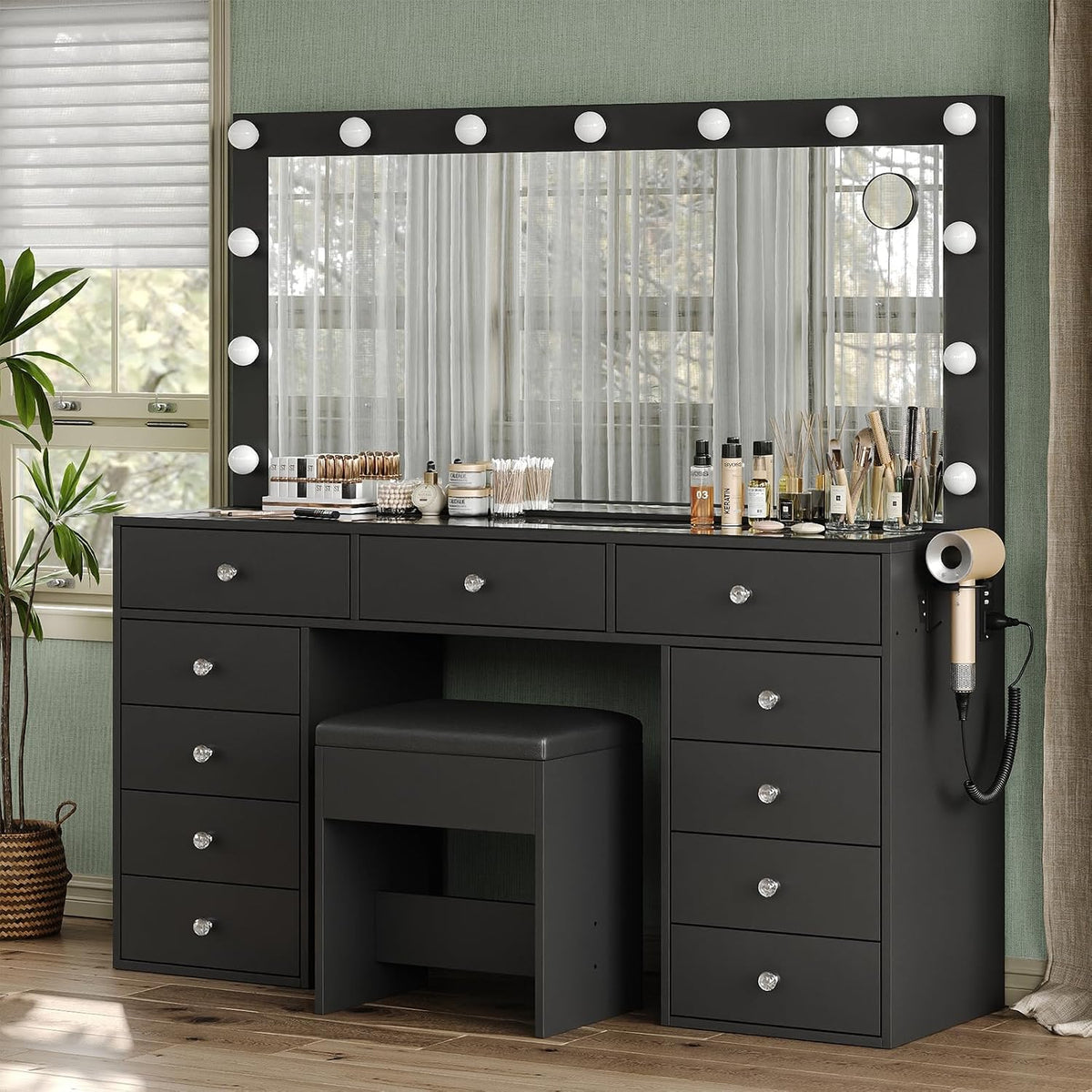 Yanosaku 11 Drawers Makeup Vanity with Charging Station, Vanity Desk with 13 LED Bulbs and HD Mirror, 3 Color Brightness Adjustable, Glass Top Vanity Set for Bedroom, Black