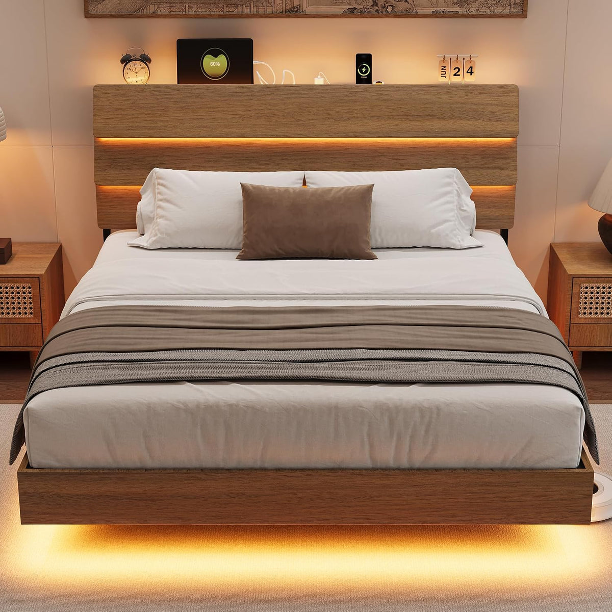Einhomn Bed Frame Queen Size with Charging Station, Led Bed Frame with Wood Storage Headboard, Heavy Duty Metal Slats, No Box Spring Needed, Noise Free, Easy Assembly, Walnut