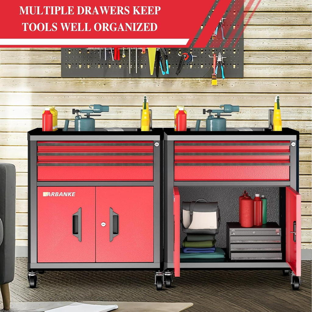 LARBANKE Rolling Tool Chest with 3 Drawers&2 Doors,Tool Chest with 360° Swivel Wheels and Lock&Keys,Tool Cabinet with Drawer Liners and Connecting Rods for Stacking with Other Drawer Chest