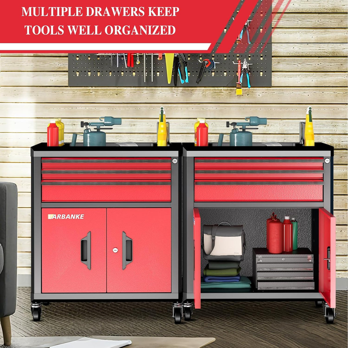LARBANKE Rolling Tool Chest with 3 Drawers&2 Doors,Tool Chest with 360° Swivel Wheels and Lock&Keys,Tool Cabinet with Drawer Liners and Connecting Rods for Stacking with Other Drawer Chest