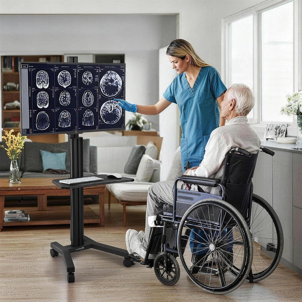 AW NexusX Presenter Medical Mobile TV Stand on Wheels Aluminum Heavy Duty with Laptop Shelf for 32 to 65 Inch LCD LED Screen TVs Dental Clinics Hospital