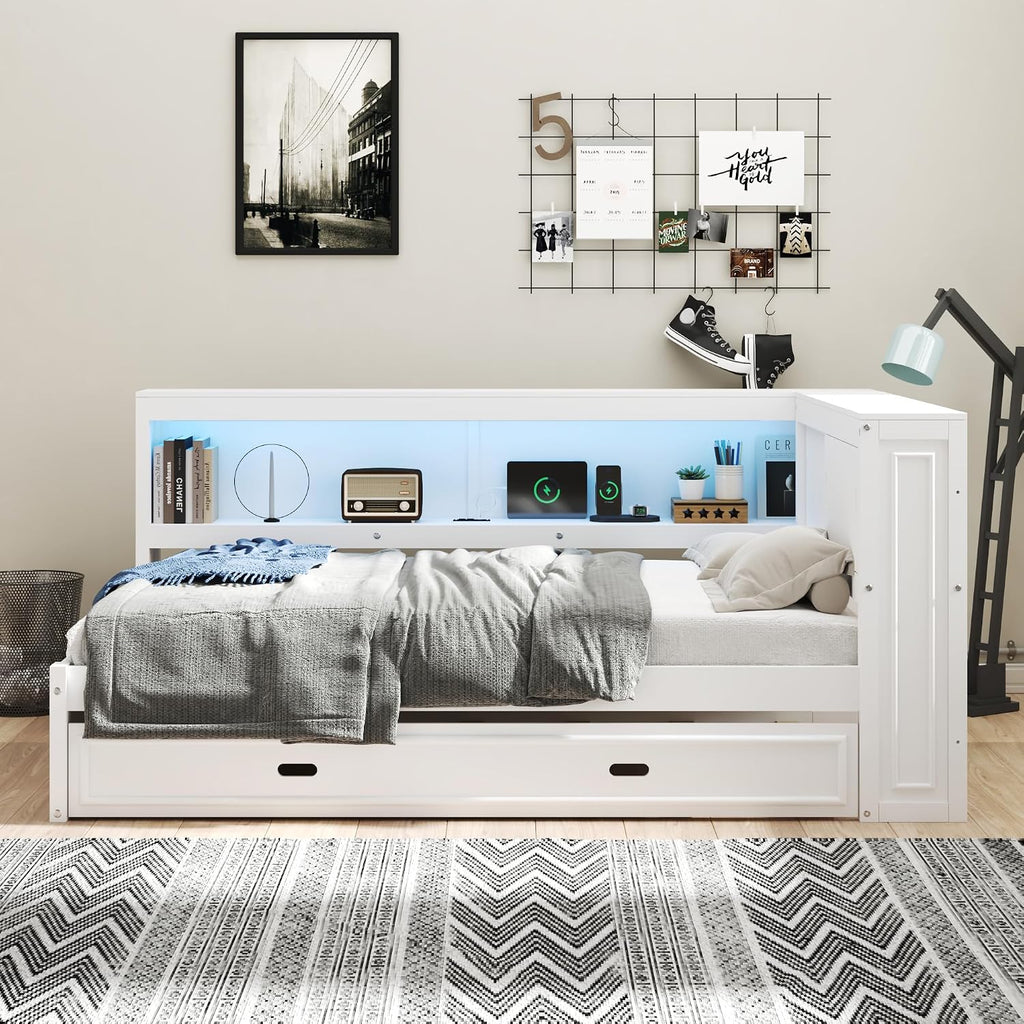 SOFTSEA Full Size Daybed with Trundle and Storage, L-Shaped Corner Bed with Bookcase, LED Lights & USB Ports, Wood Day Bed Frame with Reversible Headboard for Kids Teens Adults, White