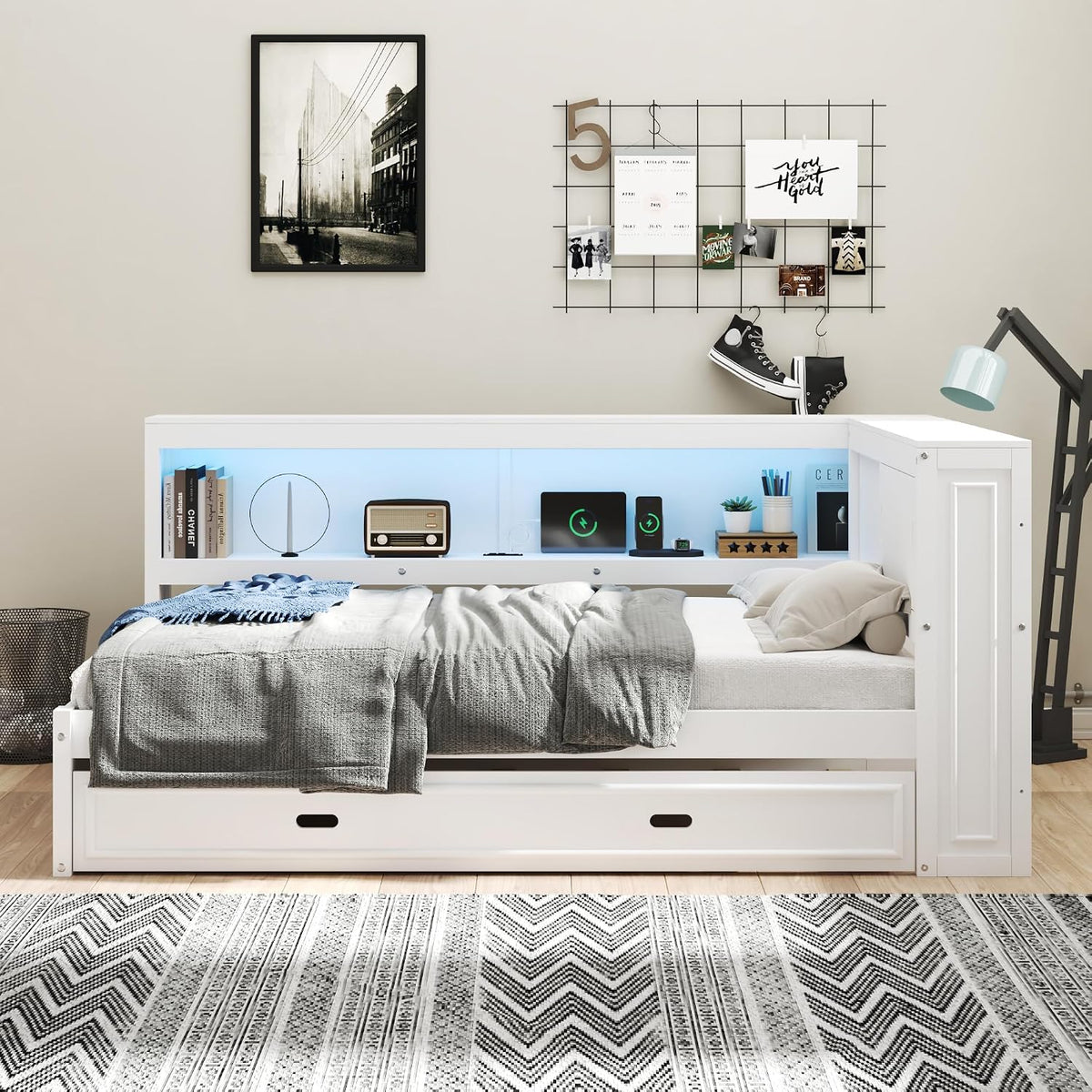 SOFTSEA Full Size Daybed with Trundle and Storage, L-Shaped Corner Bed with Bookcase, LED Lights & USB Ports, Wood Day Bed Frame with Reversible Headboard for Kids Teens Adults, White
