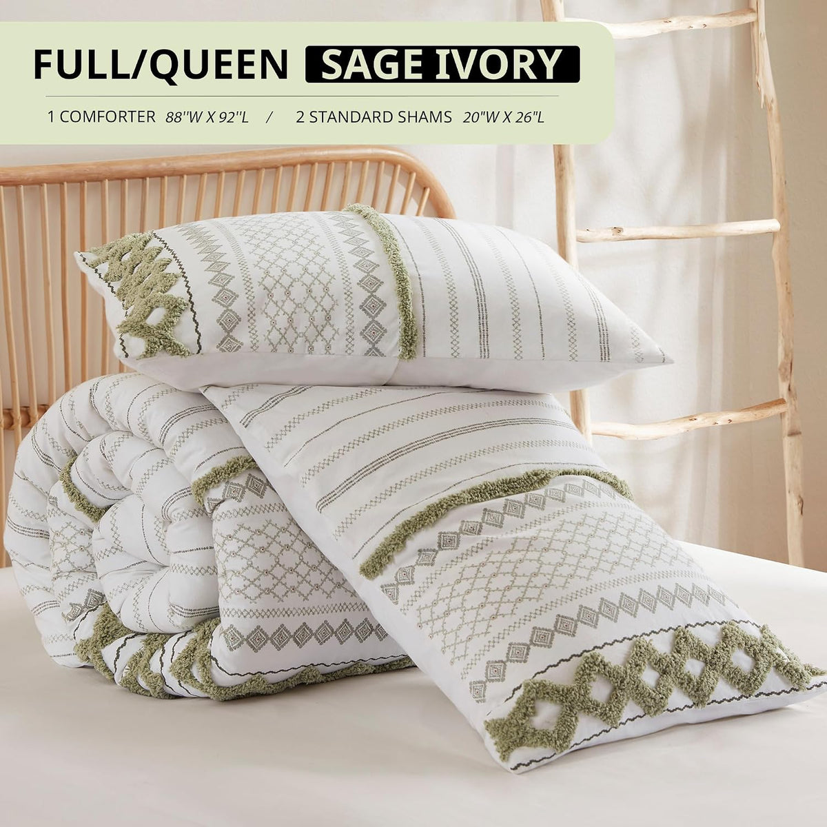 Ink+Ivy Queen Comforter Set, Boho Comforters, Breathable Cotton Bed Set, All Season Modern Chenille Tufted Comforter with Farmhouse Bedding Flare, Gifts for Woman, Sage/Ivory 3 Piece