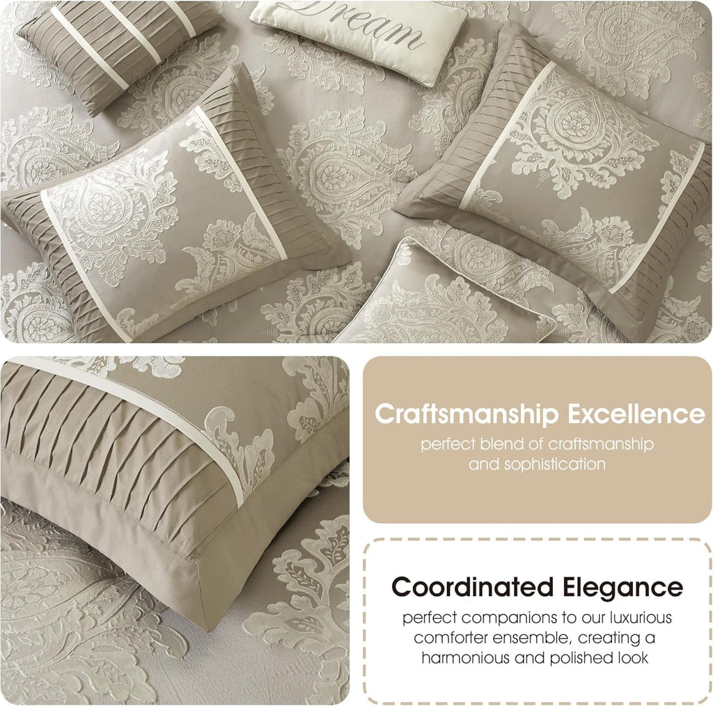 Grand Avenue Beige Comforter Set King Size, Jacquard with Matching Solid Piecework Bedding Set, All Season, Bedskirt, Pillows & Shams