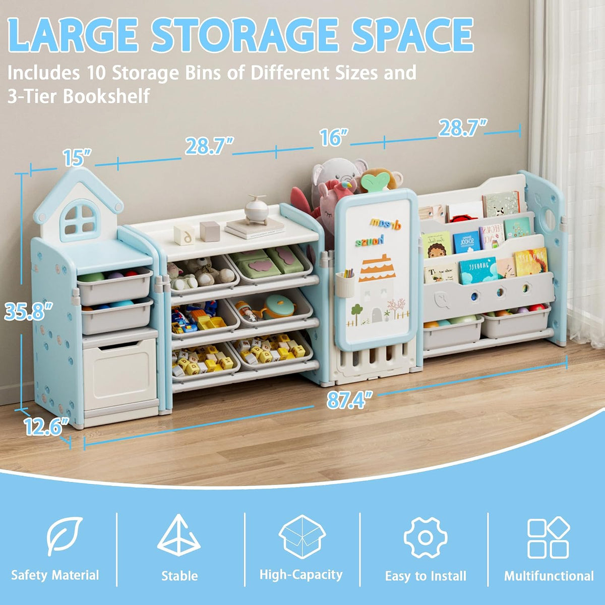 DEYGIA Foldable Kid Toy Storage Organizer with 10 Removable Bins and 3-Tier Bookshelf, 4 in 1 Multifunctional Large Toy Organizer with Drawing Board for Kid Bedroom Playroom Living Room, Light Blue