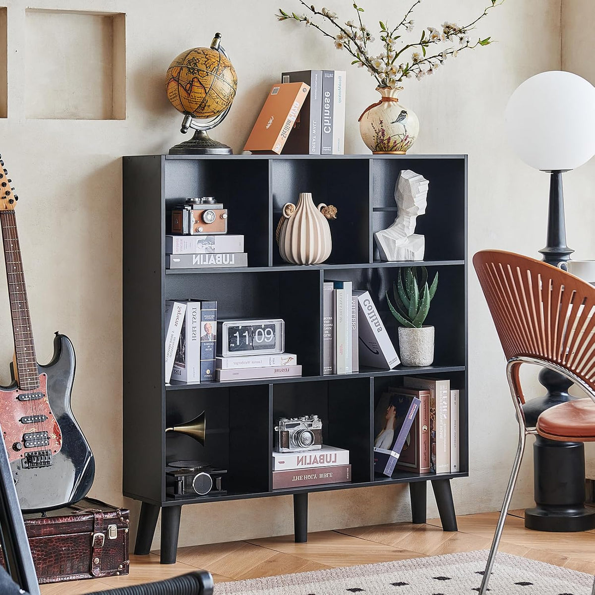 LEYAOYAO 8 Cube Bookshelf,3 Tier Bookcase with Legs,Black Mid-Century Modern Bookshelves,Large Open Storage Organizer Shelf, Wooden Book Case