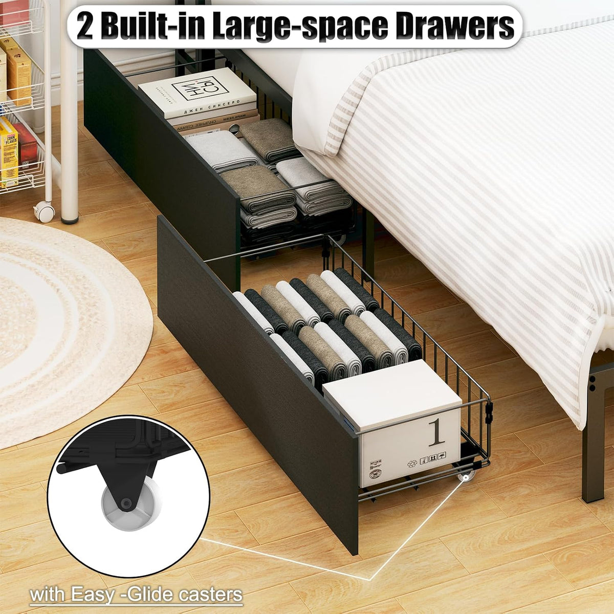 Corner Bed Frame Twin with Storage, L Shaped Daybed for Kids, Twin Corner Bed with Drawers, Shelves, RGB LED Lights & Charging Station, Sturdy Metal Kids Twin Bed for Girls Boys,Black