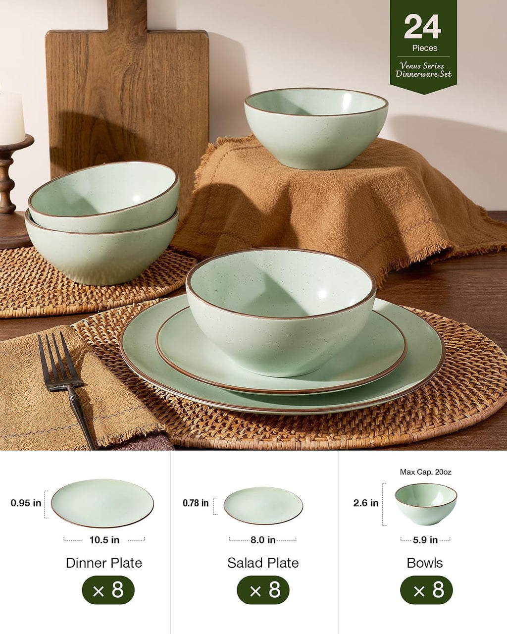 Famiware Venus Plates and Bowls Sets with Trim, 24 Pieces Speckled Stoneware Dinnerware Set for 8, Light Green - Microwave & Dishwasher Safe, Modern Minimalist, Dishes for Everyday & Formal Use