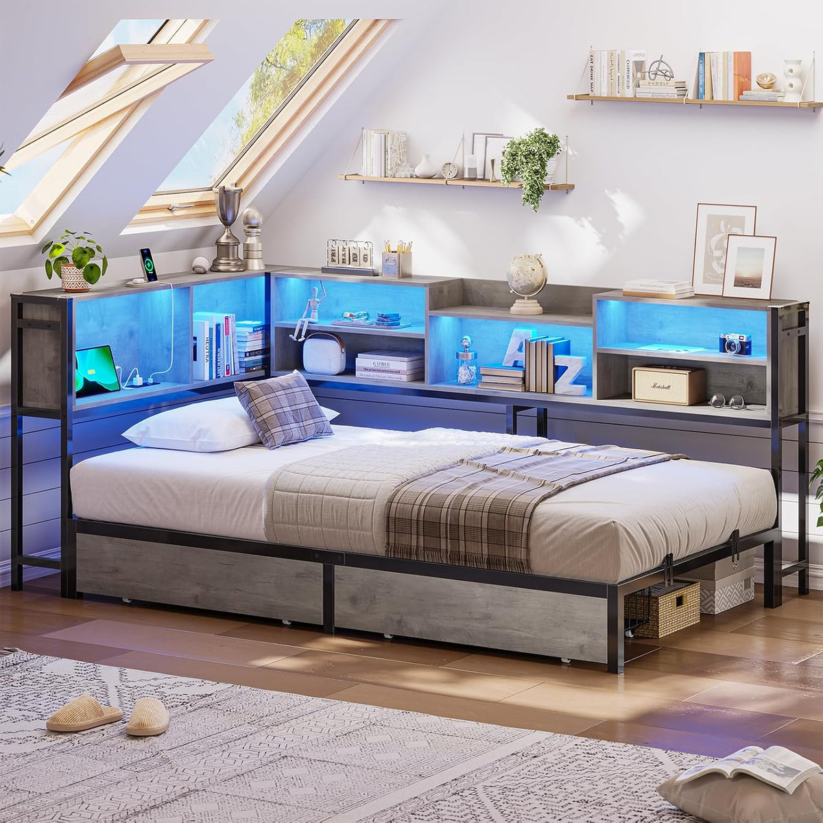 Hasuit Corner Bed Frame Twin XL with 2 Drawers and Storage Bookcase, Daybed with Charging Station and LED Lights, Metal Platform Bed with Bookshleves,Twin XL Bed Frame for Kids Teens Guests, Oak Gray