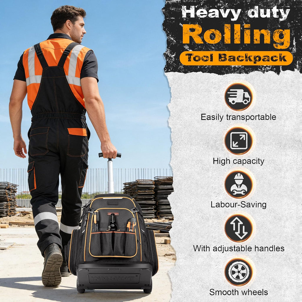 Rolling Tool Backpack Bag with Wheels, Heavy Duty Tool Bag on Wheels for Men, HVAC Electrician Plumber Large Tool Organizer with Molded Base, Combination Lock & USB Port for Construction Jobsite